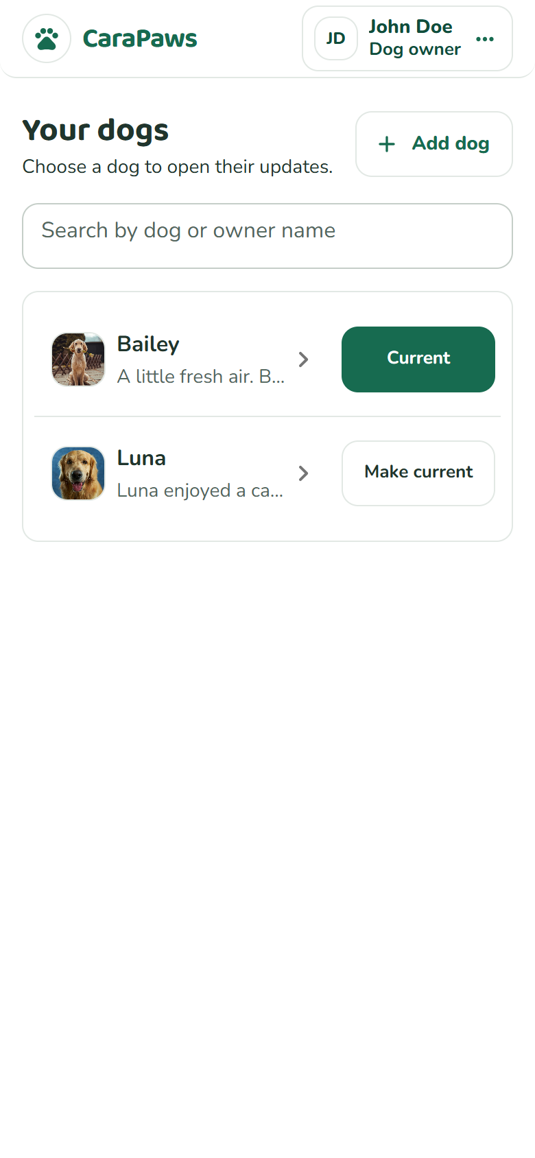 Owner dog list with Bailey and Luna, update previews and current-dog controls