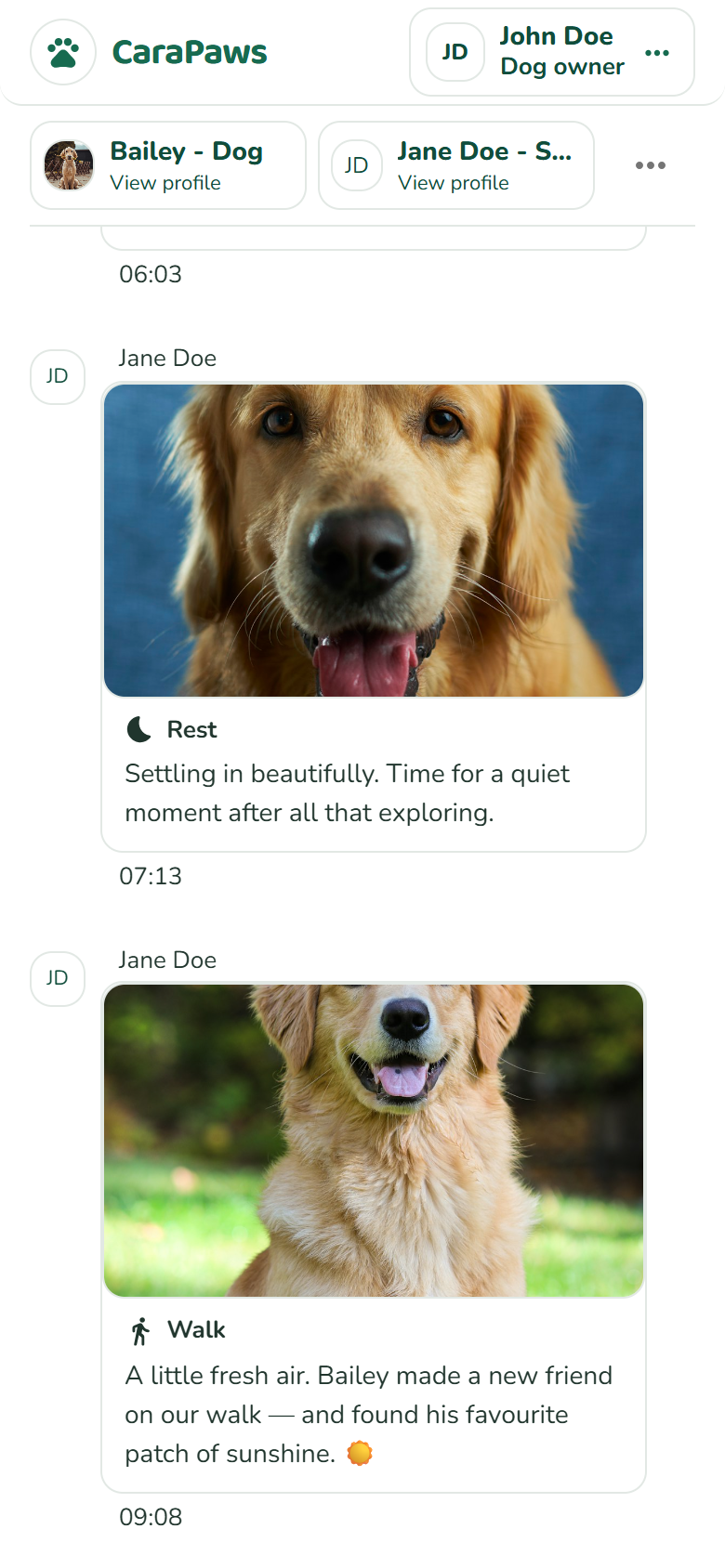 Owner view of Bailey's sample photo updates with timestamps
