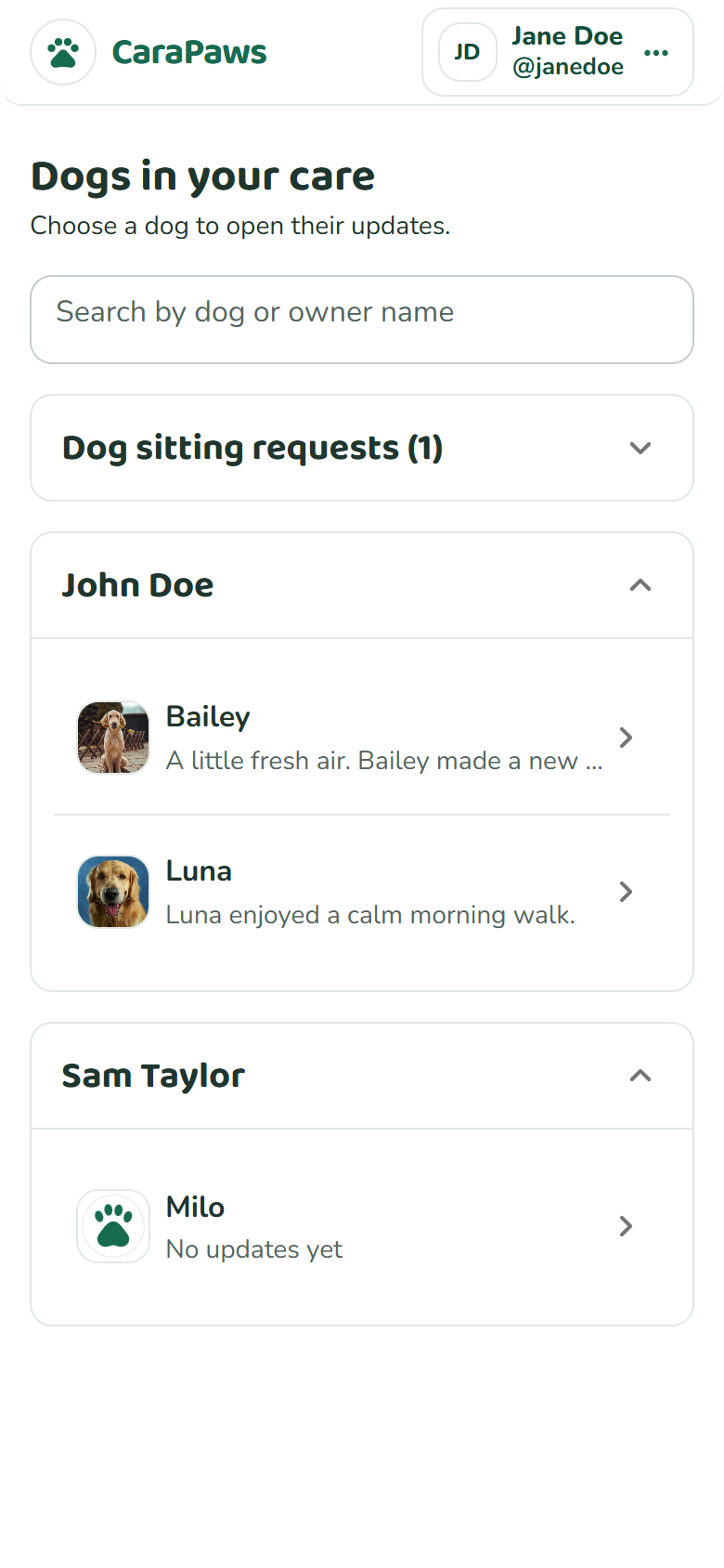 Sitter care list with dogs grouped by owner and a section for sitting requests