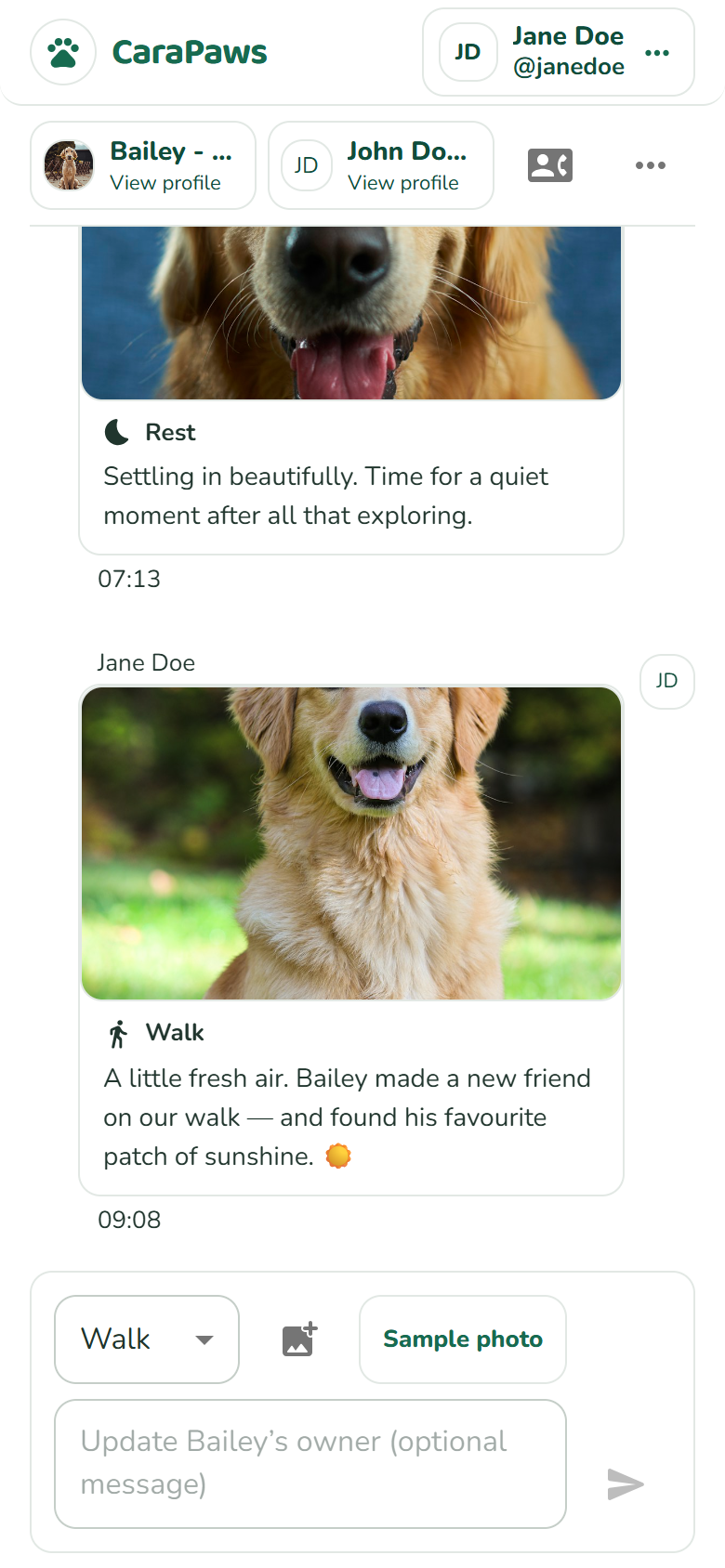 Sitter view with photo controls and an optional-message field below the care updates